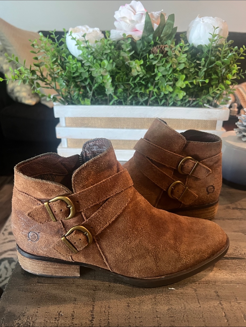 Born Brown Suede Double Buckle Ankle Booties
